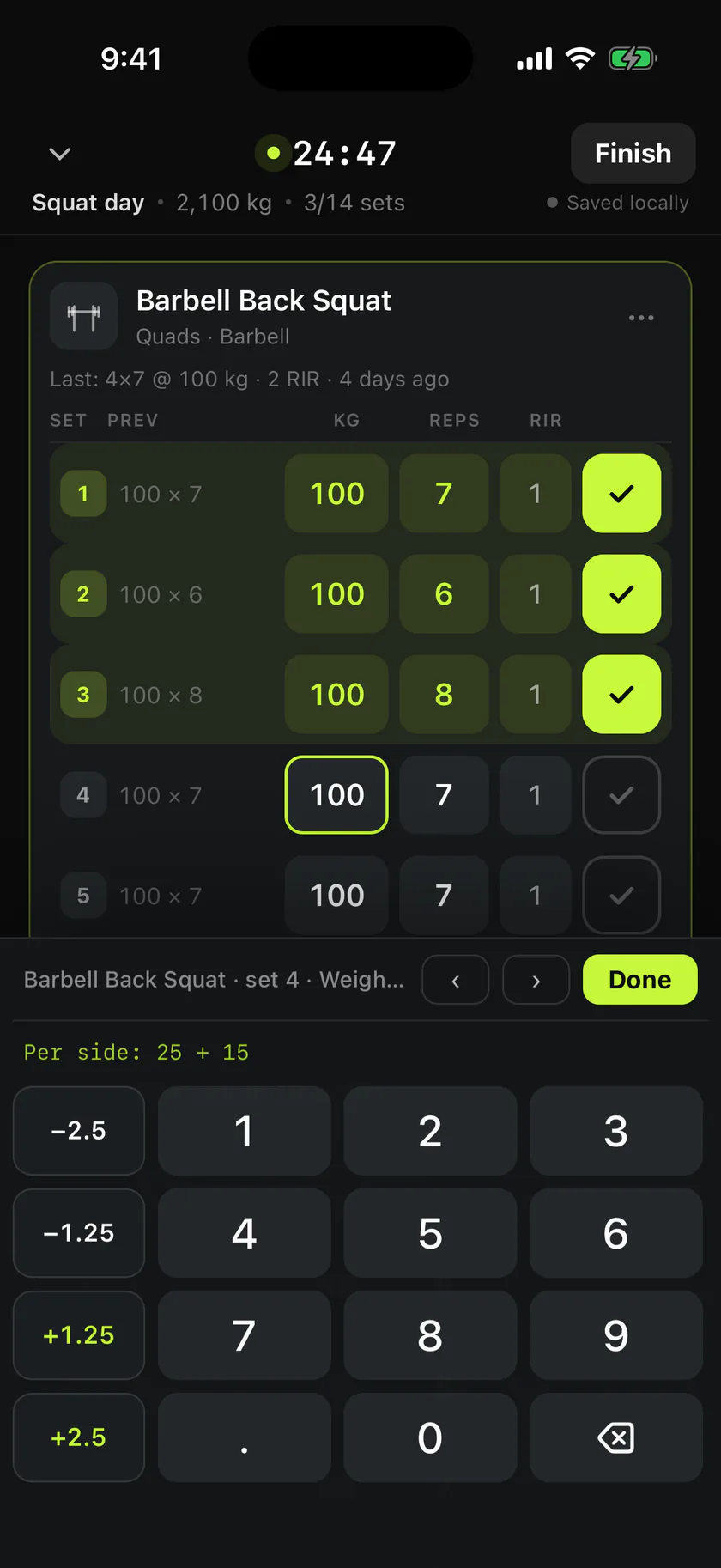The Wogger workout screen mid-session: Squat day at 24 minutes, three sets of Barbell Back Squat ticked off at 100 kg, set four pre-filled with 100 kg for 7 reps at 1 RIR, and the weight keypad open showing a per-side plate breakdown of 25 plus 15.