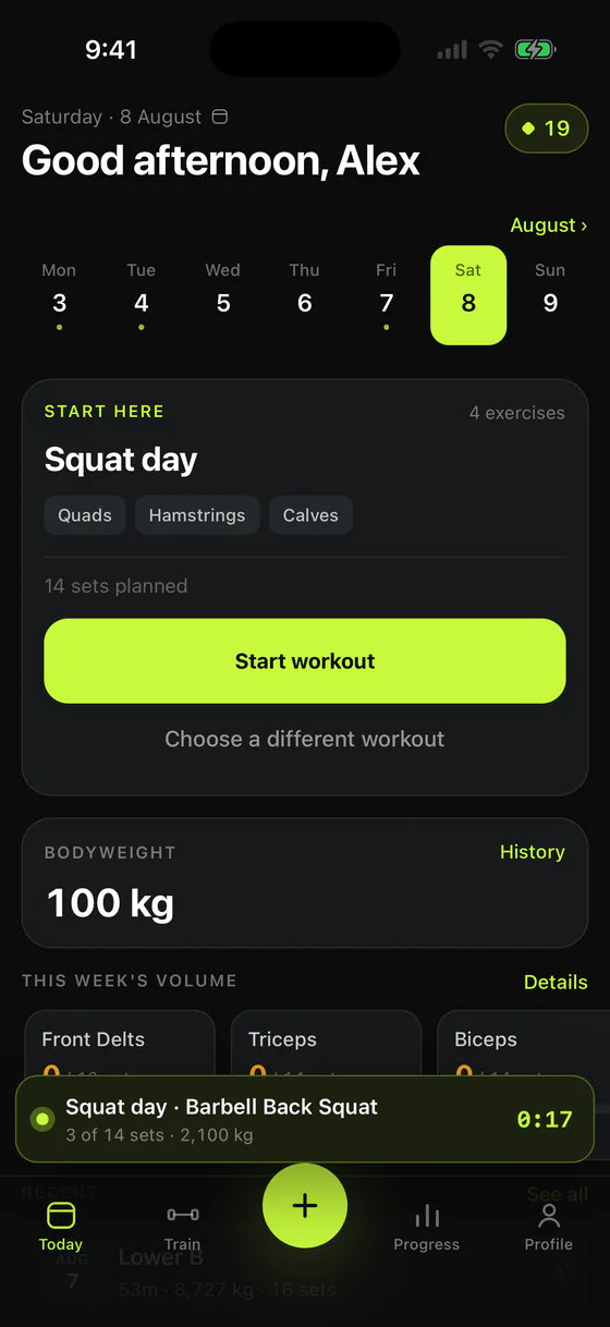 The Today tab: a greeting, a week strip with Saturday selected, and a Squat day card listing four exercises and fourteen planned sets above a Start workout button.
